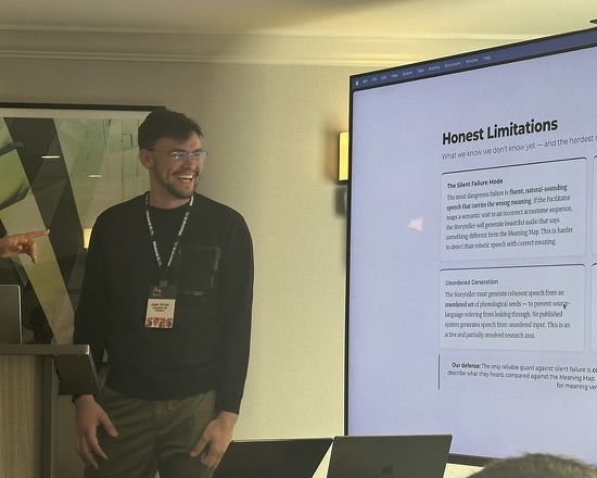 João Victor Carvalho presenting the Tripod pipeline, next to a slide titled Honest Limitations